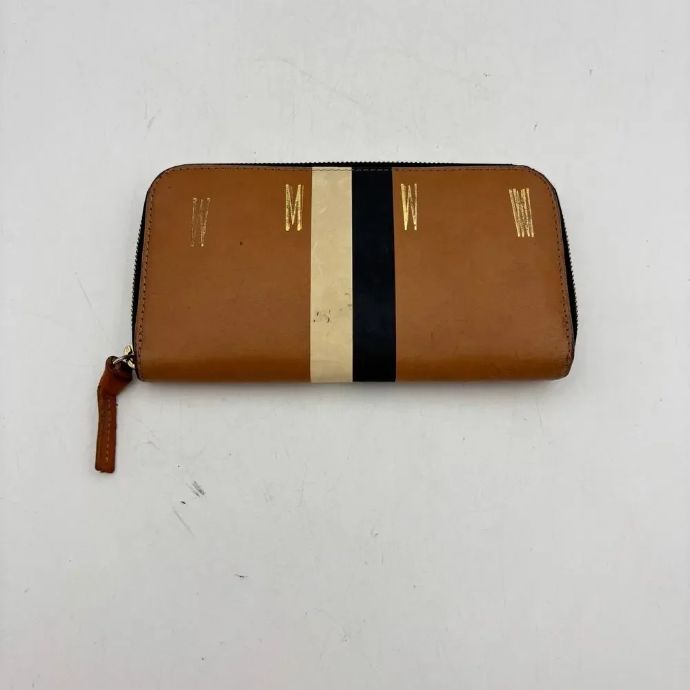 Clare V. Continental Printed Stripe Wallet Leather Tan Initial Logo Minimalist